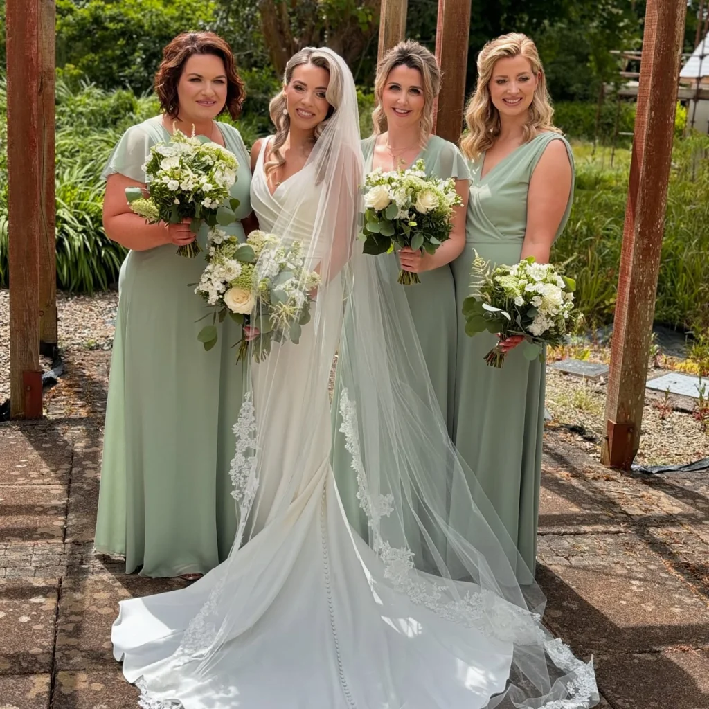 Bridal party outdoors, bridesmaids in sage dresses surrounding the bride.