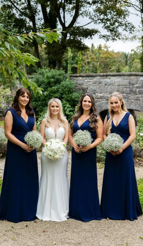 Bride and her bridesmaids standing, holding their boquette's - bridal party wedding makeup by Nima