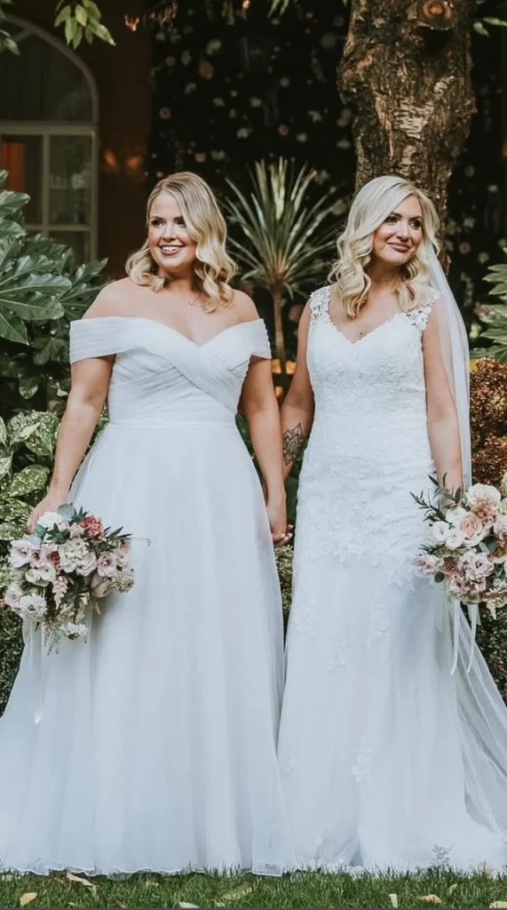 Blonde same-sex brides holding hands and their flower boquettes - wedding makeup done by Nima